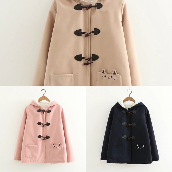 

зимние новые рога пряжка сладкий опрятный стиль милый карманный кот вышитый с длинным рукавом теплый с капюшоном шерстяной куртки1016, Black;brown