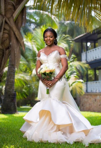 

elegant african light champagne mermaid wedding dresses 2021 crystals pearl beads off shouder plus size satin bridal dress wedding gown, White