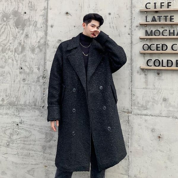 

men's wool & blends m-xlwinter chao style dark personality sequin decoration men's mid-length double-breasted woolen coat tide.1, Black