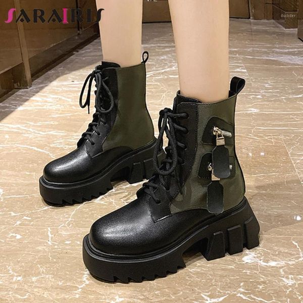 

sarairis new fashion women's motorcycle boots ankle boots women round toe platform thick high heels shoelace zipper shoes woman1, Black