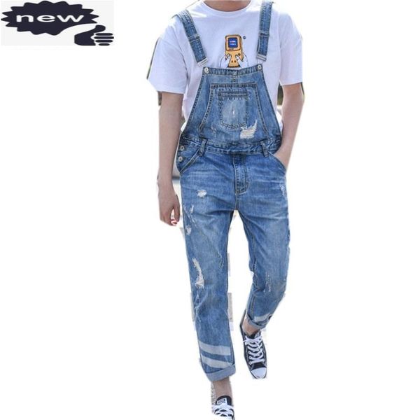

men's jeans harajuku big boy slim fit hole overalls one piece mens ripped cargo retro washed denim jumpsuits pockets hombre trousers, Blue