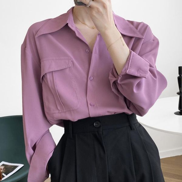 

women's blouses & shirts autumn elegant solid all-match blouse office women simple long-sleeved lapel chiffon shirt casual button, White