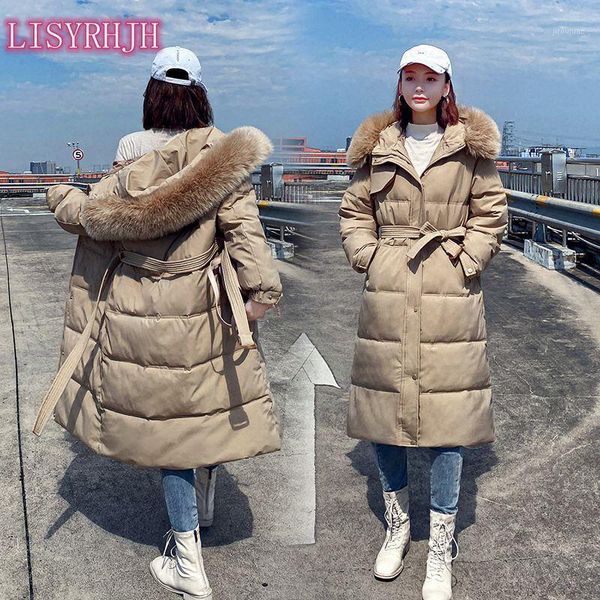 

women x-long thicken jacket 2021 winter solid slim belt parkas with fur collar hooded oversized thick chaquetas mujer1, Black