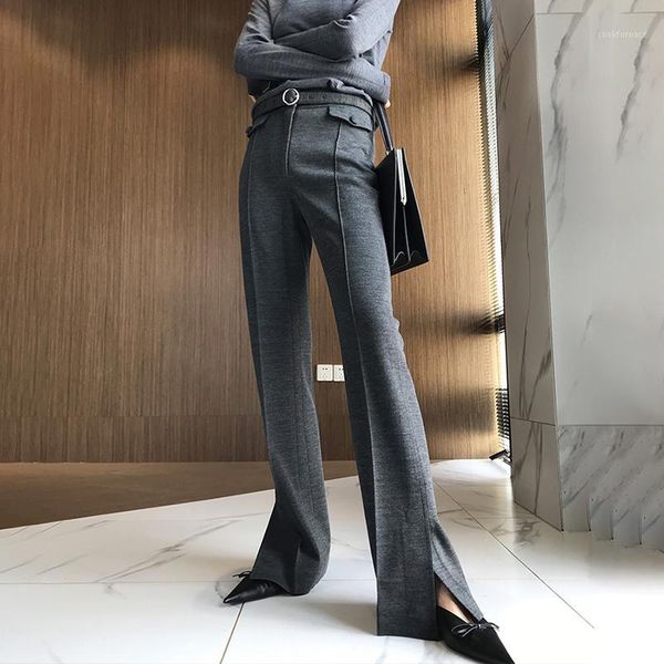 

to gladself korean wool trousers for women high waist pockets side split flare pants female casual fashion 2018 autumn tide1, Black;white