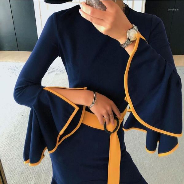 

2020 autumn winter flare ruffle sleeve vintage party night trumpet vestidos dress women fashion elegant slim bodycon dress 15941, Black;gray