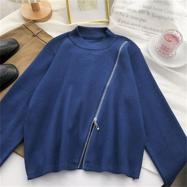 

2021 new korean fashion design sense oblique round neck solid color long-sleeved sweater women bt87, Black