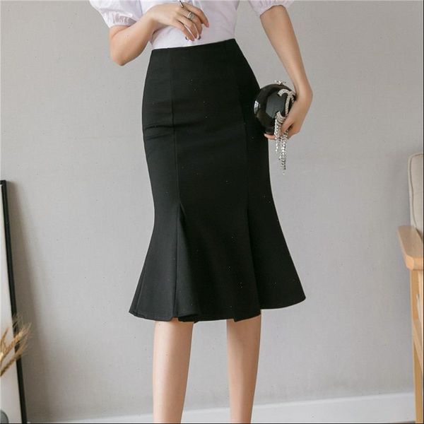 

spring autumn fashion mermaid skirt ruffles package hip skirts elastic high waist office ladies bodycon pencil skirts, Black
