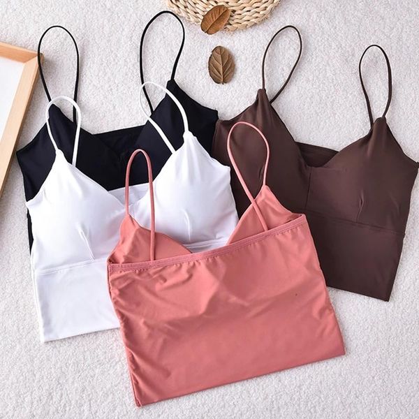 

seamless women cropped backless v-neck woman camisole with removable padded breathable ladies lingerie 4 solid colors, Black;white