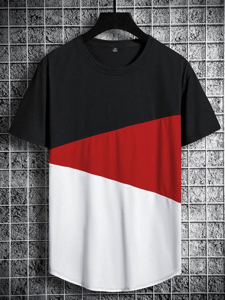 

men color block curved hem tee 083u#, White;black