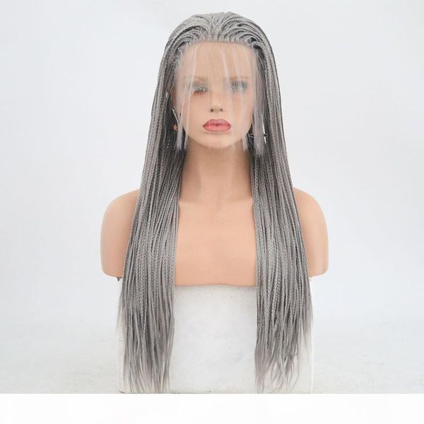 

silver grey synthetic lace front braided wig high temperature fiber heat resistant glueless lacefront ombre braided wigs for white women, Black