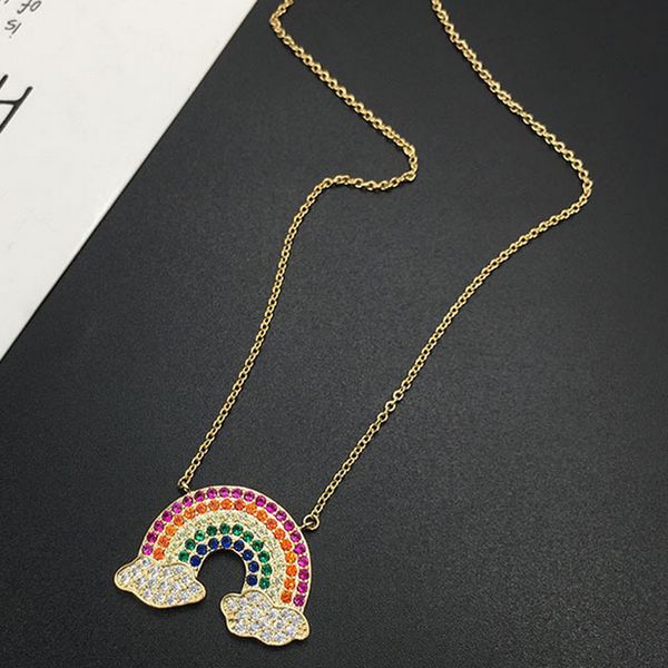 

women zircon rainbow pendant necklace bling bling rhinestone sweater chain necklace gift for love girlfriend high quality, Silver
