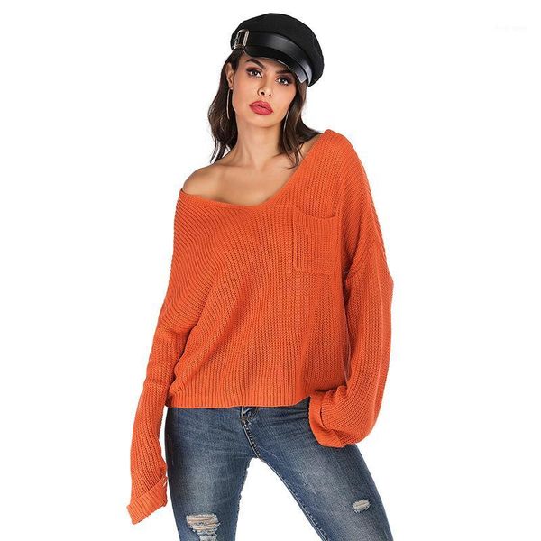 

2020 elegant batwing knited sweaters deep v neck pocket women sweaters and pullovers autumn winter loose pull jumper1, White;black