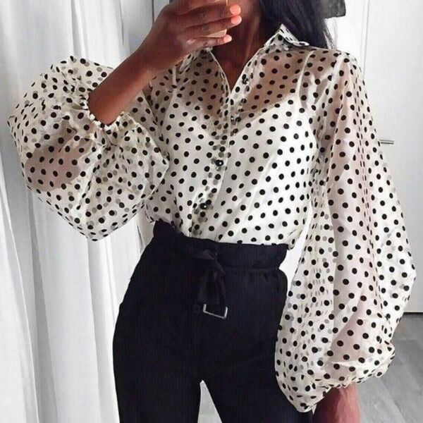 

women's blouses & shirts transparent polka dots mesh lantern sleeve organza lapel long gauze single-breasted blusas mujer 2021, White