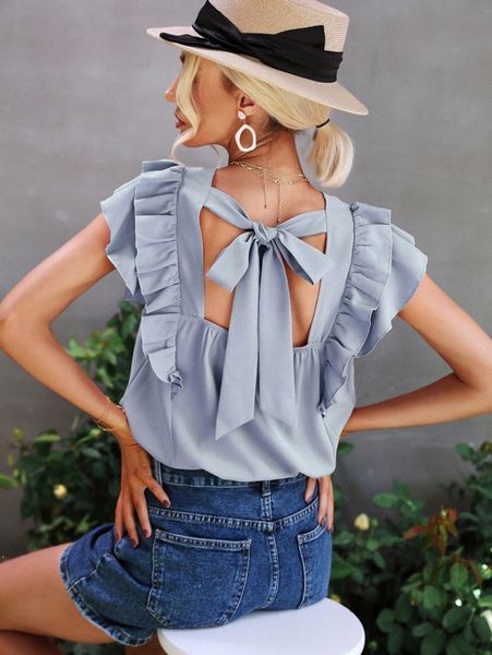 

tie back ruffle trim blouse i67e#, White