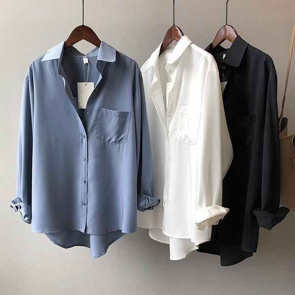 

solid color loose blouse shirt women batwing long sleeve casual tunic female office turn down collar pocket blusas, White