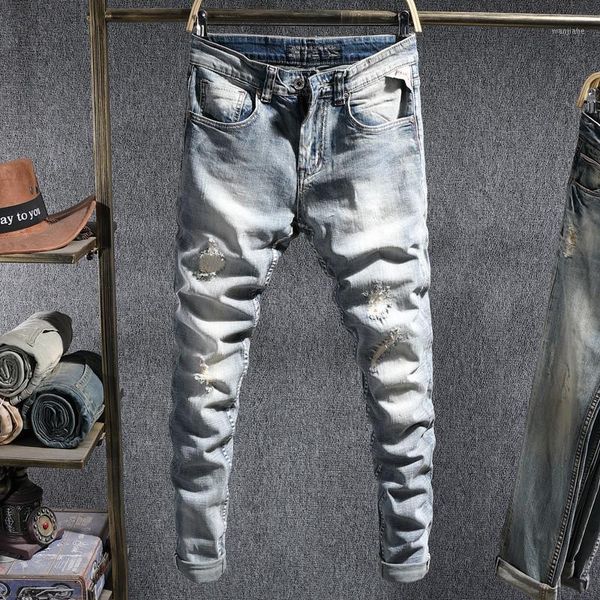 

italian style fashion men jeans elastic slim fit ripped denim pencil pants streetwear retro light blue hip hop long trousers1