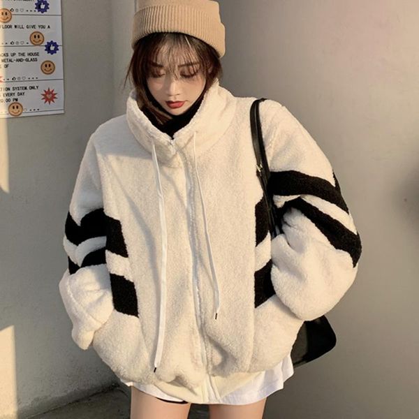 

women's fur & faux lucyever imitation lamb coat womens contrast thick warm coats women korean style casual lace up stand collar female, Black