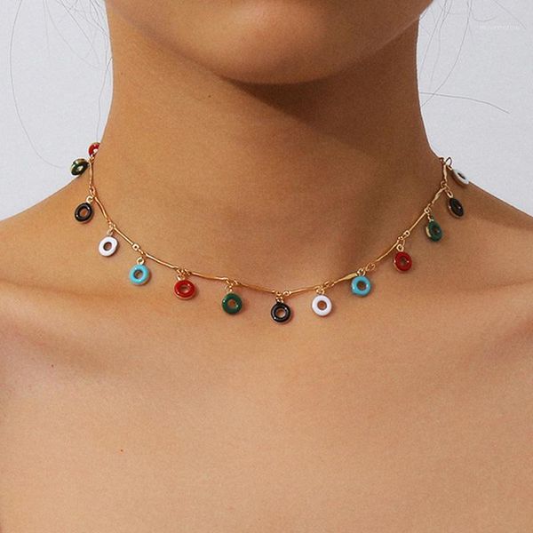

wgoud fashion enamel disc short choker necklace simple design vintage colorful enamel disc collar necklace for women1, Golden;silver