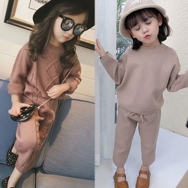 

autumn and winter new girls' woollen clothes and trousers warm suit girls' baby knitted sweater + pants 2-piece set 201031, White