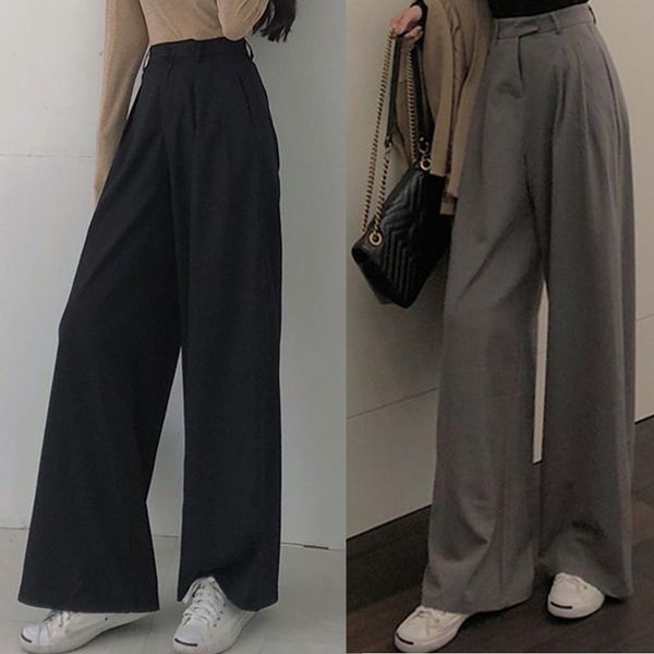 

fashion high waist pants trousers womens wide leg pants full length pants ladies casual straight pantalon femme 2020, Black;white