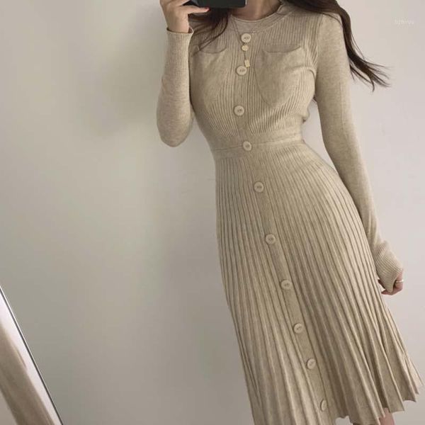 

one-piece women sweater dress winter korean chic elegant single-breasted pleated knitted long-sleeved dress 2020 fashion slim1, Black;gray
