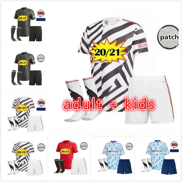 

kids kit 20 21 manchester soccer jersey united pogba van de beek b. fernandes rashford cavani 2020 2021 humanrace football shirt kit, Black;yellow