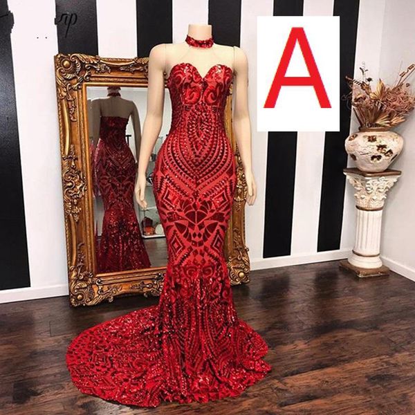 

sheer neck red sparkly mermaid prom dress black girls evening dress party gowns vestidos de fiesta abendkleider