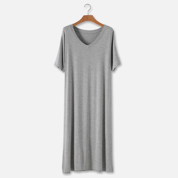 

2021 new summer comfortable modal skirt sleeve short split v-neck pocket fat mm thin size up to medium length jgkp, Black;gray