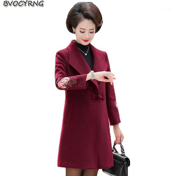 

middle-aged women autumn winter woolen coat foreign slim windbreaker new mother embroidery outerwear plus size female jacket 4xl1, Black