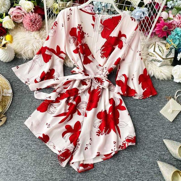 

bohemian 2020 summer beach women rompers casual v-neck flare sleeve flower floral print chiffon playsuits romper for female new1, Black;white