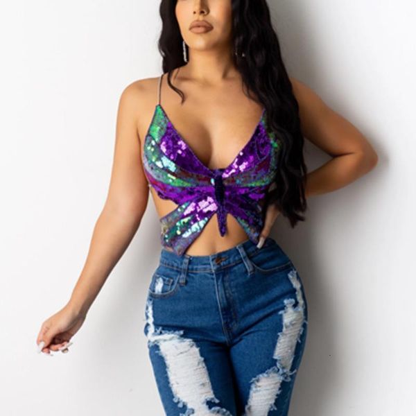 

глиттер спагетти ремешок без рукавов усаживает топы лето камины топы бабочки блестки богемные тройники без спинки женщины сексуальные урожая, White