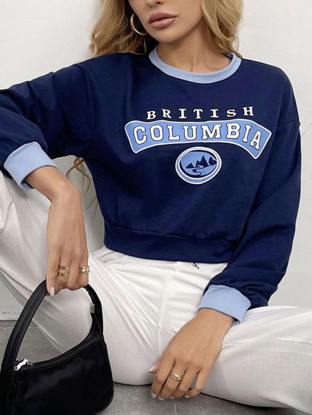 

letter graphic drop shoulder contrast trim crop sweatshirt v0fq#, White;black