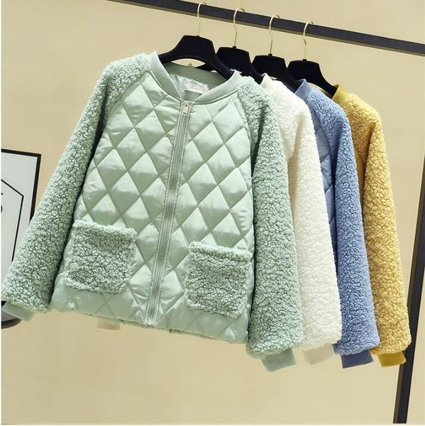 

autumn and winter new women's short light cotton coat loose casual lamb wool coat women's fashion stitching plush, Black