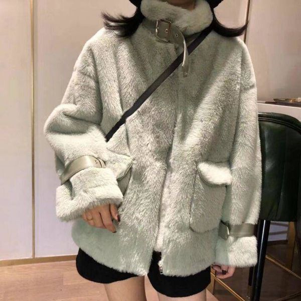 

beijing winter big pocket women faux fur coat ladies casual warm zipper elegant outwear female faux mink fur jacket, Black