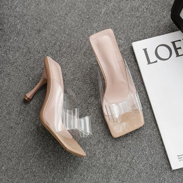 

2021 versitile new style bow high heels clear women's slippers square toe m5ix, Black