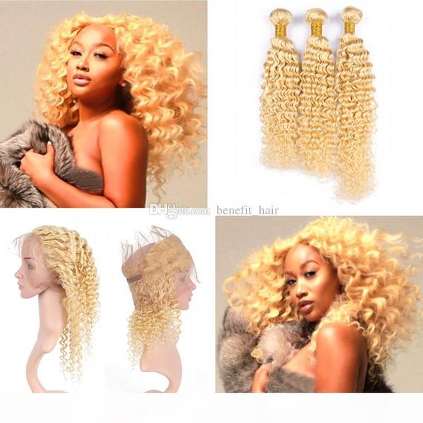 

deep curly pre plucked 360 frontal with blonde 613 hair 3bundles brazilian human hair deep wave with 360 full lace frontal 4pcs lot, Black;brown
