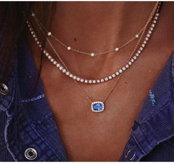 

brling new 2020 fashion ins vintage chain pendant choker geometry crystal beaded blue gem necklace for women girls gifts party, Golden;silver