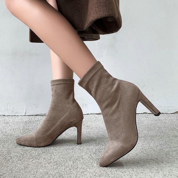 

Khaki Black Gray Faux Suede Sock Boots Women Pointed Toe Block Heels Ankle Boots Ladies Stretch Short 2020 Winter Shoes