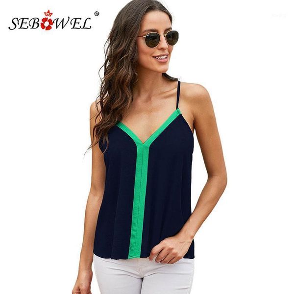 

sebowel sleeveless contrast color tank woman summer v-neck spaghetti straps camis shirt for 2020 female casual clothing1, White