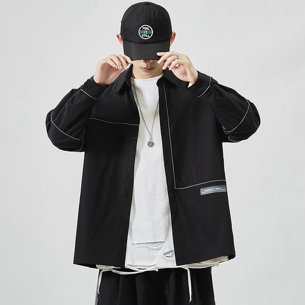 

2021 brand spring autumn hip hop streetwear long sleeves new black collar korea style shirt for men's harajuku clothing 2kv8, White;black