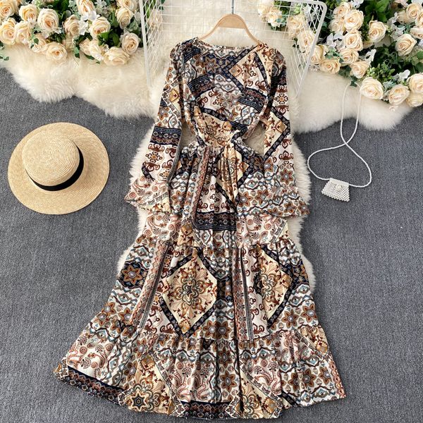 

2021 new singiny court wind print woman retro puff neck the line dressed bohemian autumn streetwear dress op9h, Black;gray