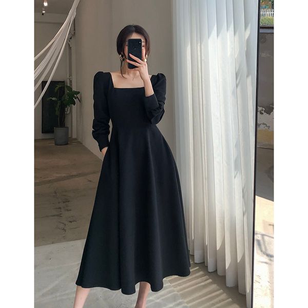 

autumn new retro square collar long below the knee dress dresswoman dress vestido de mujer y0118, Black;gray