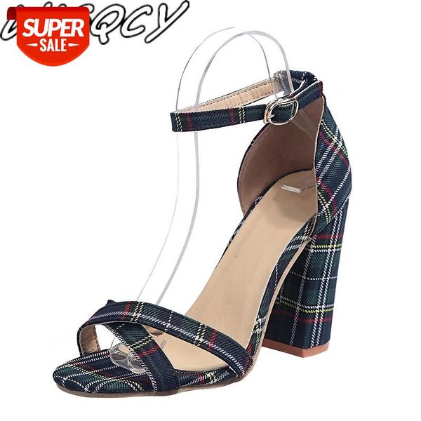 

2020 mature flock sandals women square high heels summer shoes grid wedding office cover heel round toe women's sandals #pn0n, Black