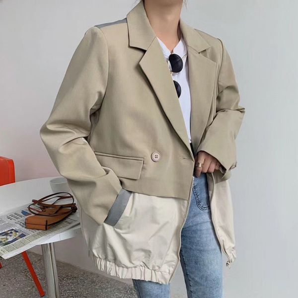 

[ewq] sweet women jacket khaki loose suits outwear long sleeve women suit ladies office coat hem stitching trend autumn 201102, White;black