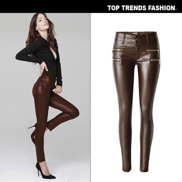 

women low waist slim elastic jeans double zipper pu pants 34-44 plus size calca jeans feminina 27481, Blue