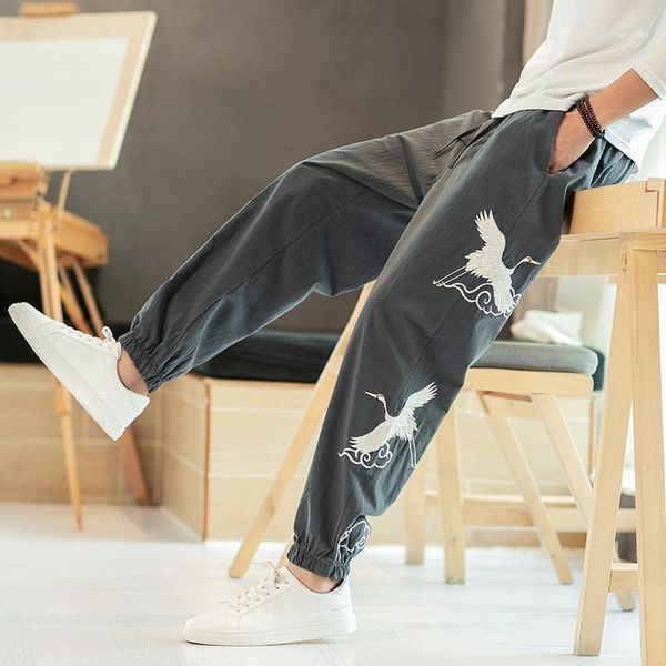 

japanese casual kimono pants loose seven-point trousers japan men traditional asian clothing yukata style cotton linen costume1, Black