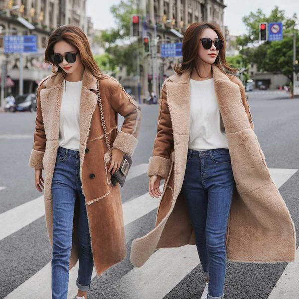 

2020 autumn winter vintage suede thick warm coat faux sheepskin fur long jacket winter women elegant trench female outerwear1, Black