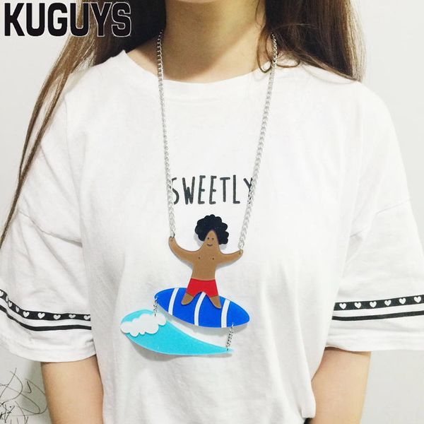 

fashion acrylic jewelry hawaii surfing boy pendant necklace sweater chain hiphop rock beach holiday necklaces, Silver