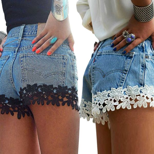 

2020 lace stitching hole women's pants casual denim shorts factory, Blue