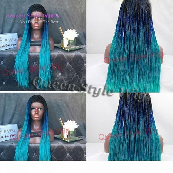 

beauty braided lace front wig cochet braid black teal blue turquoise ombre hair wig black blue green three tone full braids wig